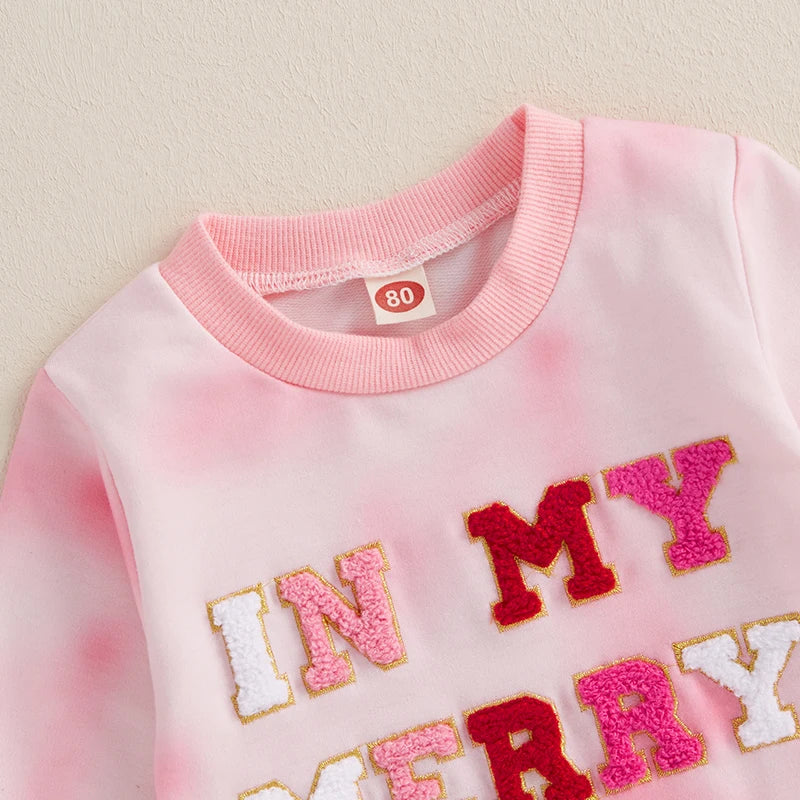 0-3Y Baby Girl Christmas Sweatshirt - Tie-Dye Print Letter Embroidery Long Sleeve Pullovers Top