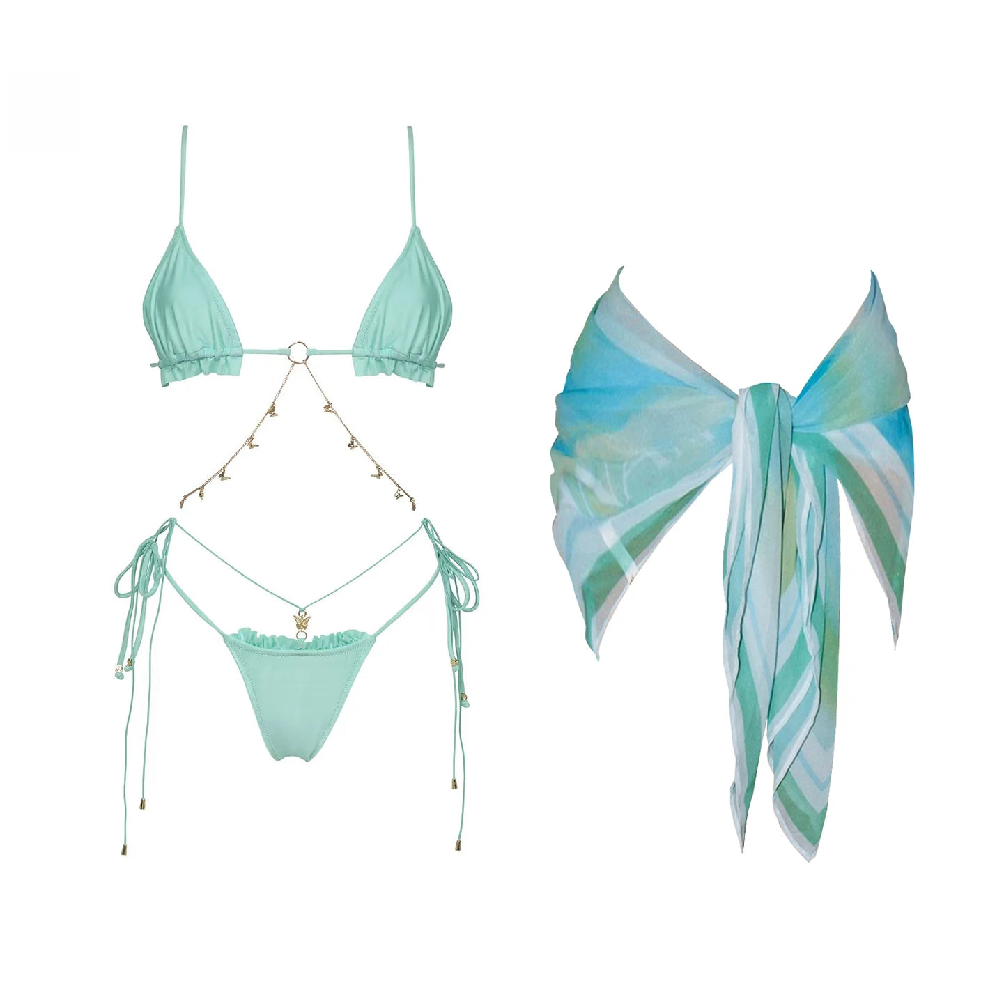 Women's Chain Detail One Piece Swimsuit with Cover Up Set