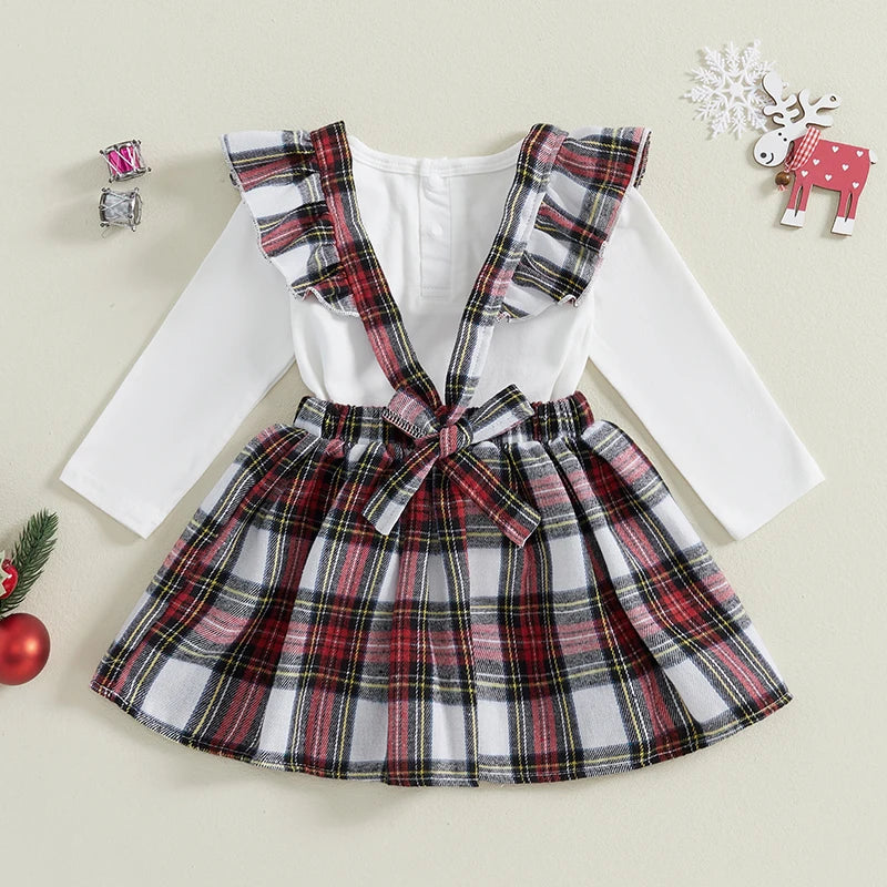 Christmas Ruffled Top and Plaid Suspender Dress Set - Baby Girls 2-Piece Outfit