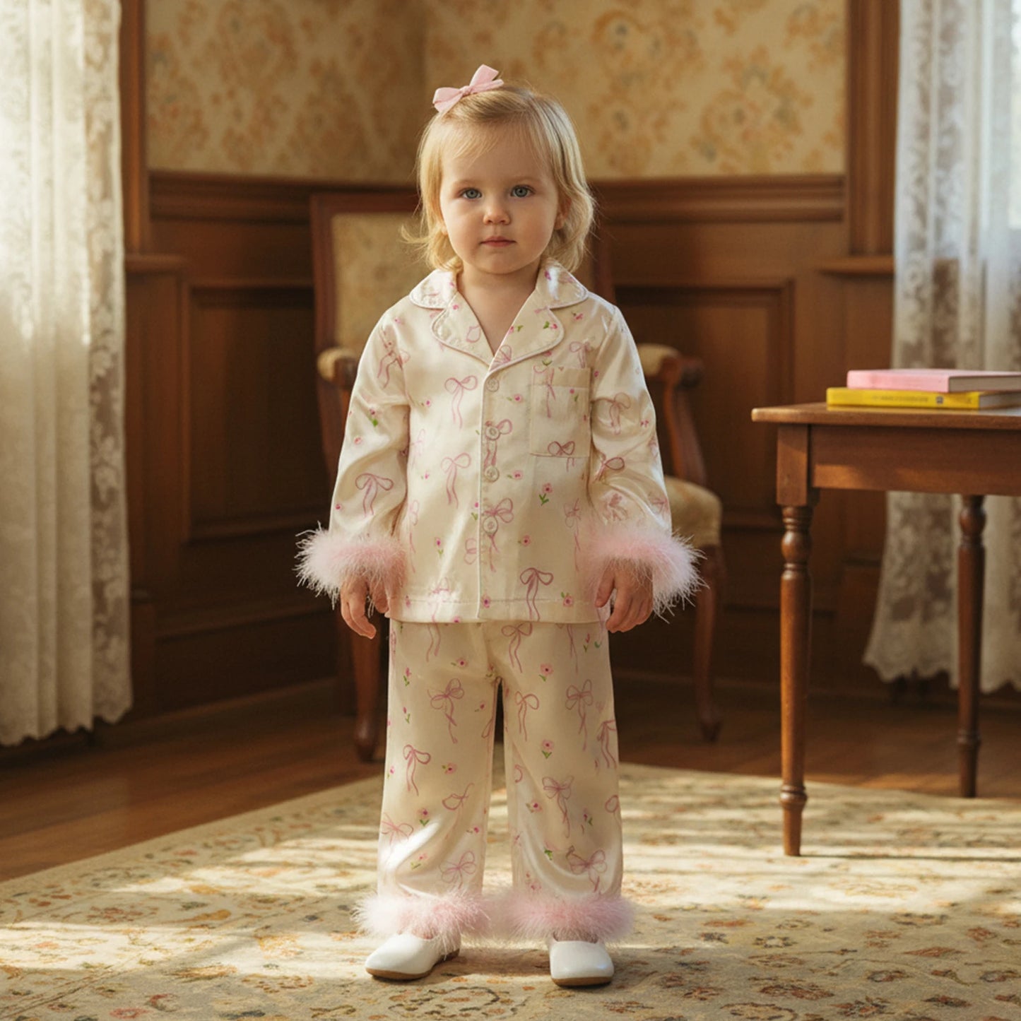 Toddler Girls Satin Pajama Set - Bow Furry Cuff Long Sleeve Top & Pants (1-5Y)