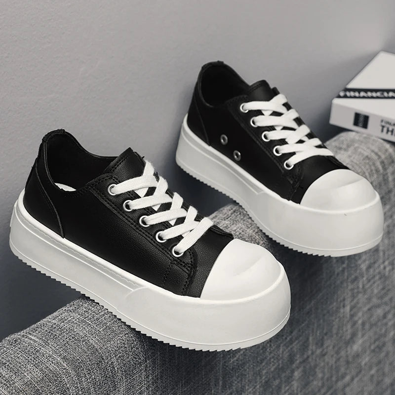 Men's Leather Platform Sneakers - Vulcanized Tennis Sports Shoes