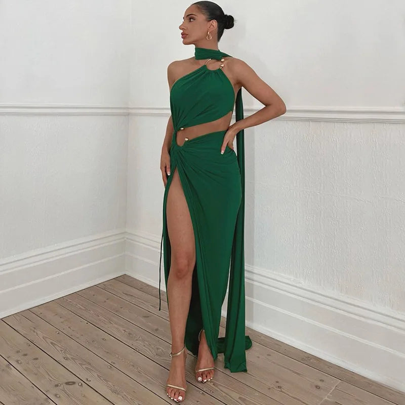 Women's Cut Out Backless Maxi Dress - Sleeveless Halter Asymmetrical Slit Dress