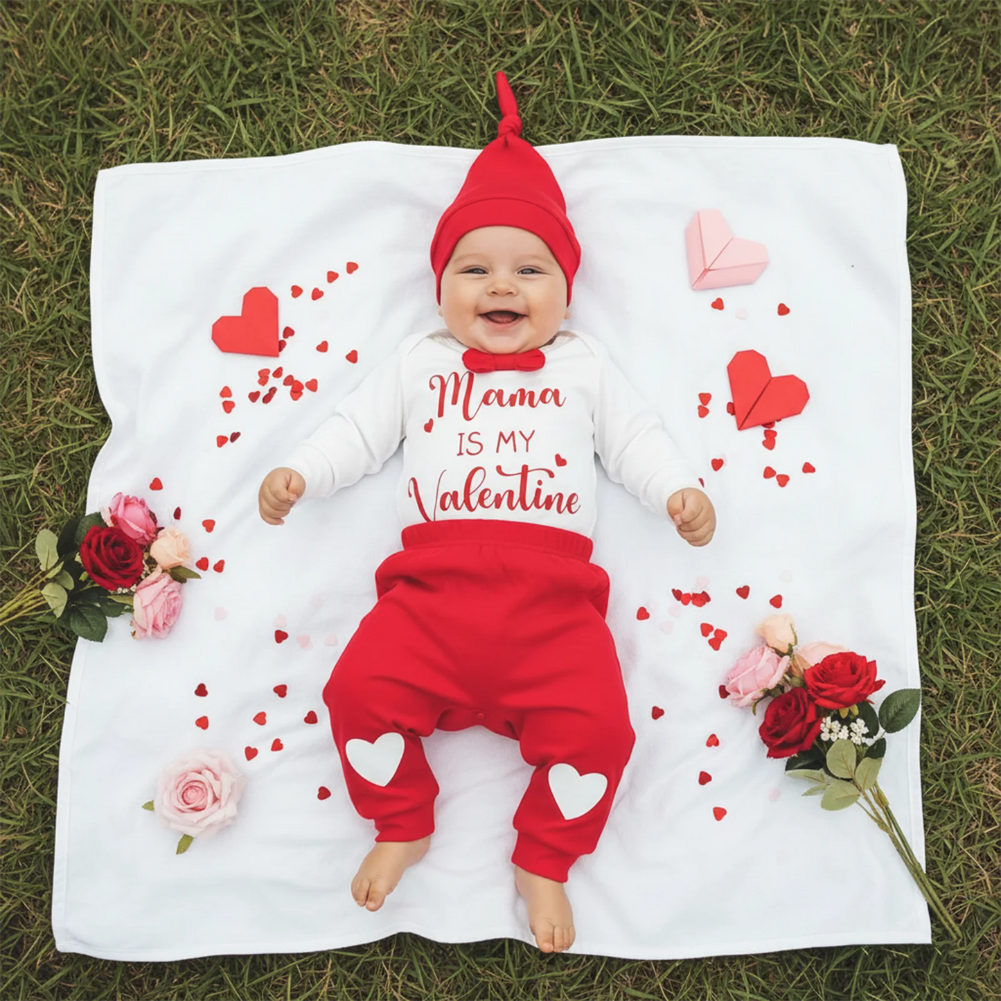 Valentine's Day Baby Boy 3-Piece Outfit Set - Heart Print Romper, Pants & Hat
