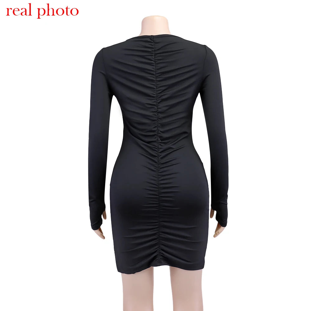 Women's Bodycon Mini Dress Long Sleeve Ruched Back Party Clubwear
