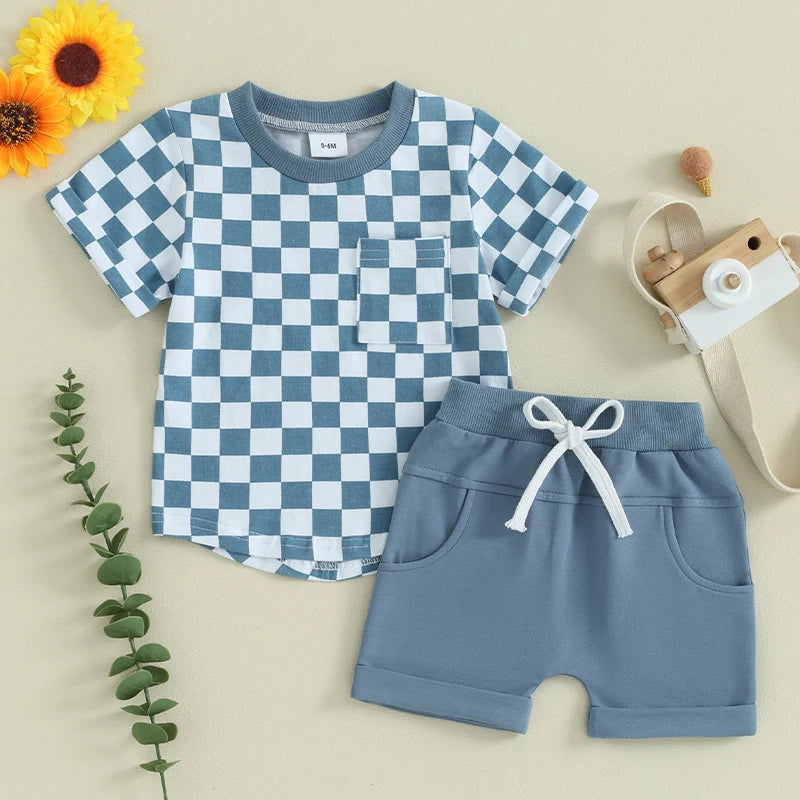 2pcs Toddler Baby Boys Clothes Set 0-3Y Short Sleeve Plaid Print Pocket T-shirt with Shorts Summer Outfit