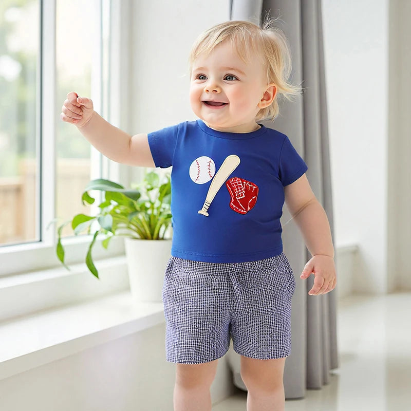 Baby Boys Baseball Outfit Set - Embroidery T-Shirt with Plaid Shorts