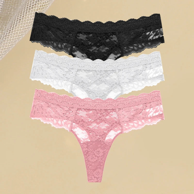 3Pcs Women's Lace Hollow Out Underwear Floral Print Panties Low-Waist Thong Breathable G-string Lingerie