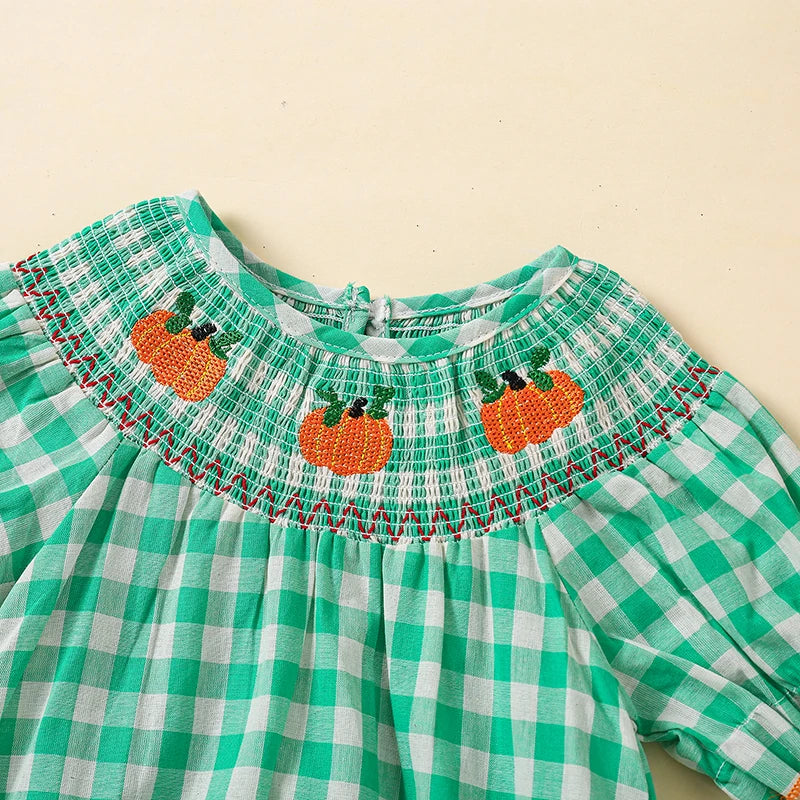 0-3Y Baby Girls Boys Romper Pumpkin Embroidered Plaid Print Short Sleeve Ruffled Jumpsuits