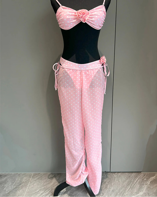3D Flower Dot Three Piece Bikini Set with Pants