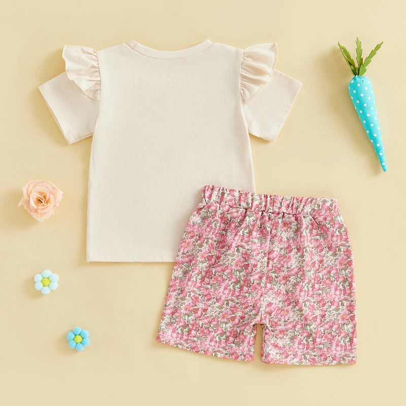 0-4Y Kids Girls Easter Clothes Set Rabbit Floral Print Short Sleeve Ruffled Tops Elastic Waistband Shorts