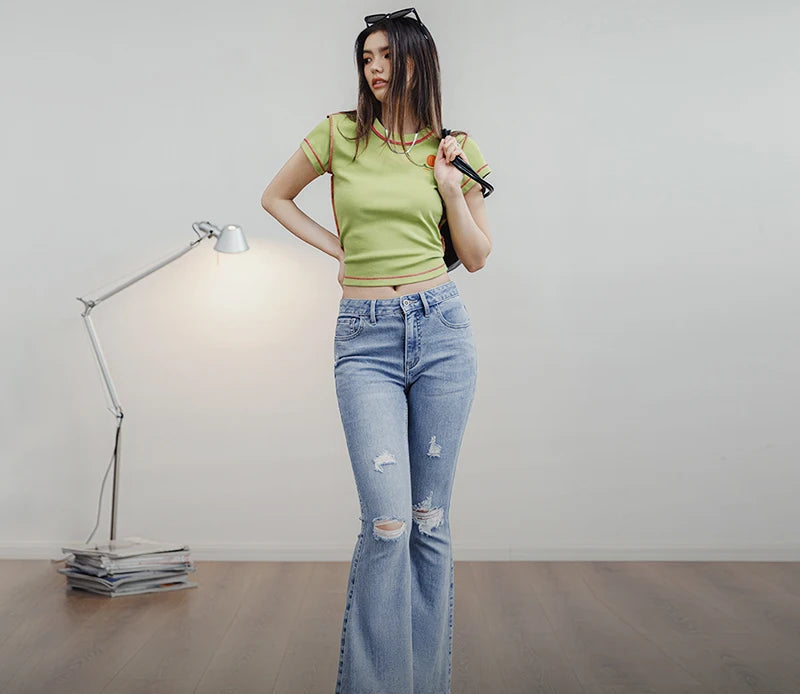 Women's Ripped Bell-Bottom Flare Jeans | 9oz Cotton Denim | Vintage High Street | Light Blue