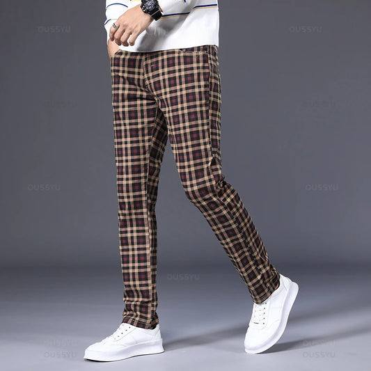 Men's Plaid  98% Cotton Stretch Straight Classic Trousers