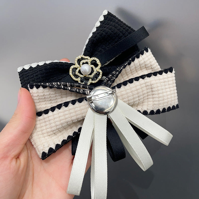 Retro Fabric Bow Tie Camellia Pearl Brooch - Women's Shirt Sweater Collar Pin Necktie