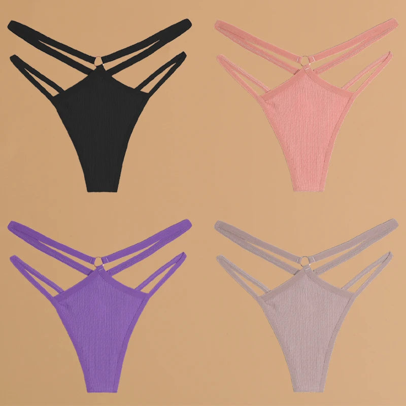 4-Pack Cotton Striped Thongs - Women's Low-Rise Breathable Underwear Set