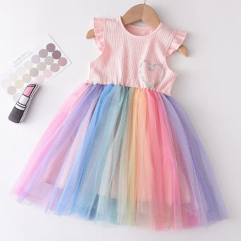 Girls Rainbow Mesh Party Dress – Colourful Sleeveless Summer Dress