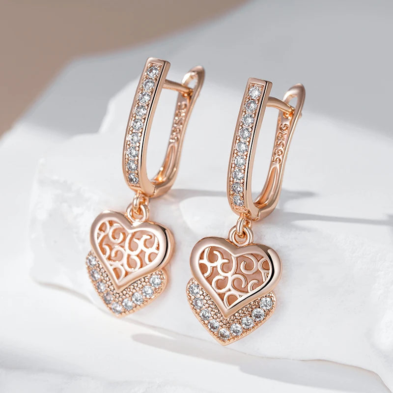 Women's Glossy Metal Natural Zircon 585 Rose Gold Color Geometry Long Earrings