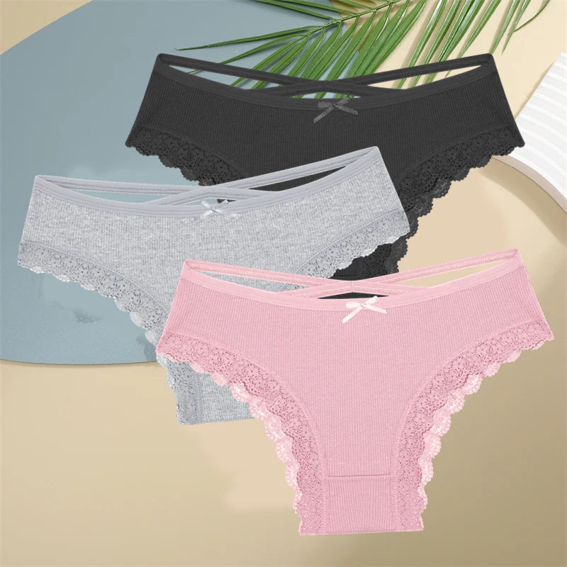 3PCS Women Cotton Underwear Panties Lace Briefs Low-Waist Cross Belt Hollow Out Cozy Lingerie