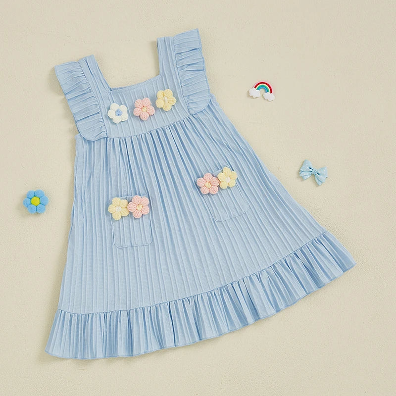 0-5Y  Kids Girls Dress Flower Embroidery Fly Sleeve Ruffles Hem Casual Summer A-Line Dress