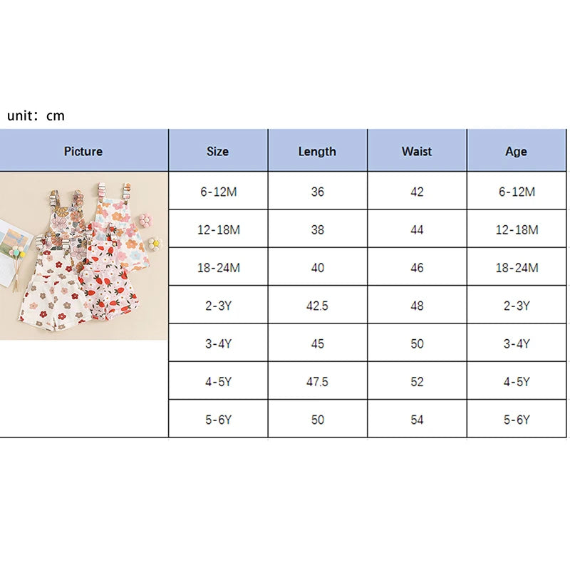 Kids Girls Overalls Shorts 0-6Y Sleeveless Straps Strawberry/Flower Print Denim Button Pocket Jumpsuit