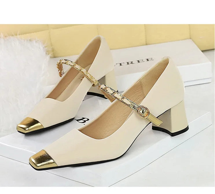 Women's Square Toe Metal Chain Temperament Mary Jane Middle Heel Shoes