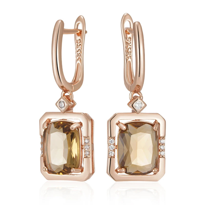 Women's Square 585 Rose Gold Colour Light Brown Natural Zircon Drop Earrings