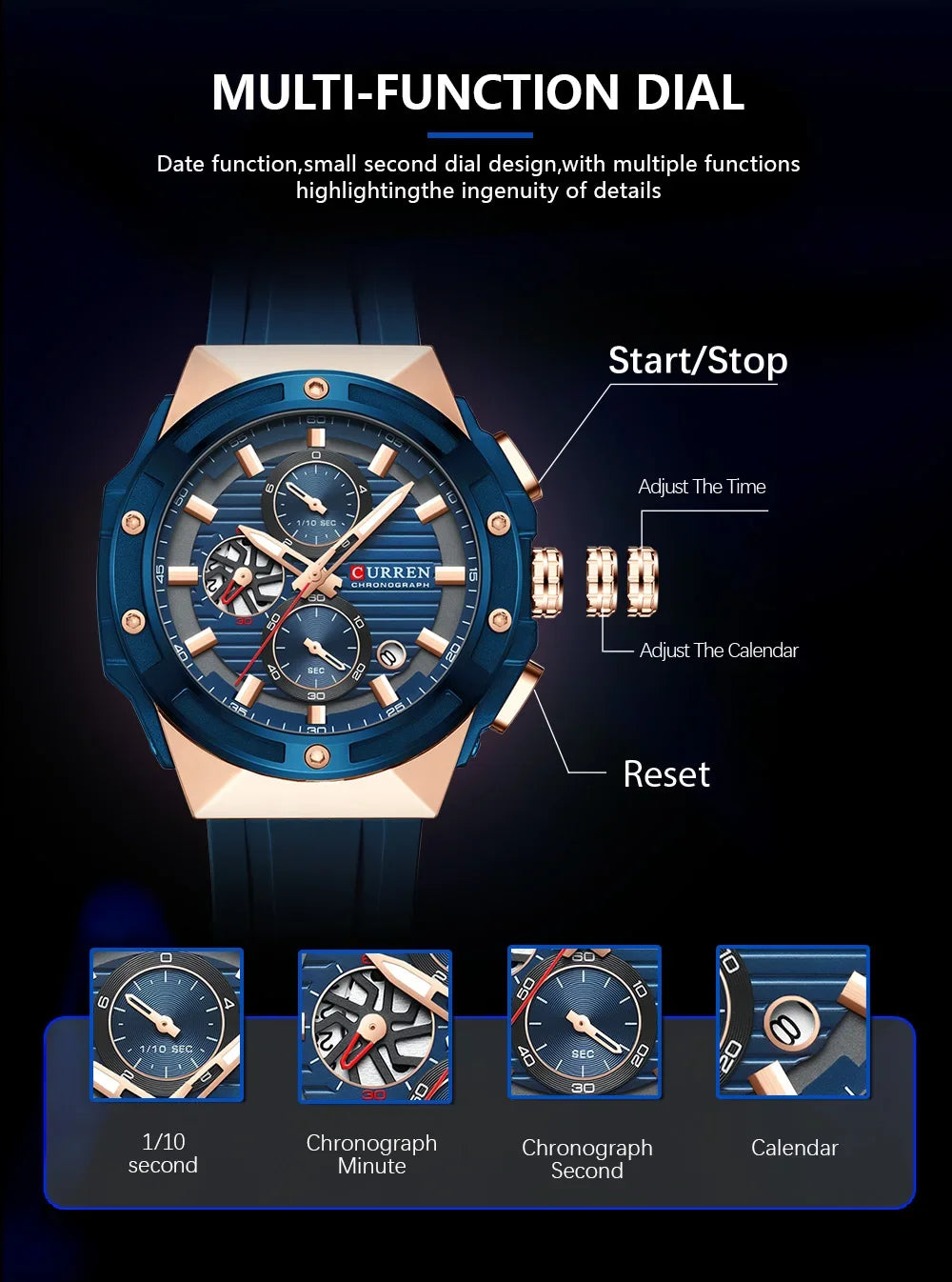Fashionable Sports Multifunctional Chronograph Watch with Silicone Strap