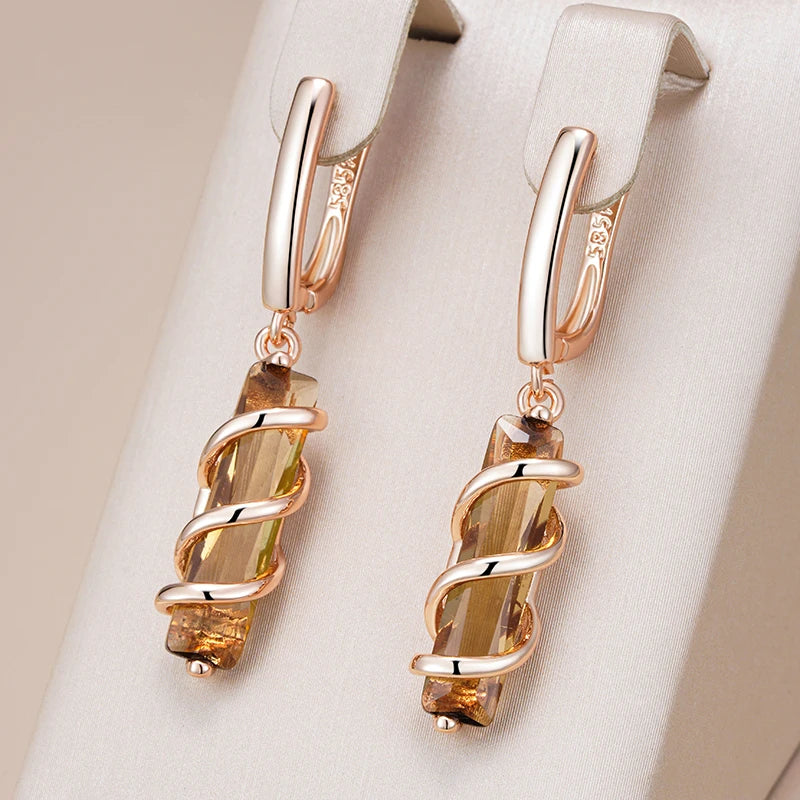 Women Light Brown Natural Zircon Drop Earrings 585 Rose Gold Colour