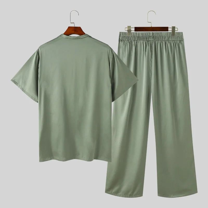 Men Summer Solid Colour Satin Lapel Short Sleeve Shirt & Trousers Two Pieces Set