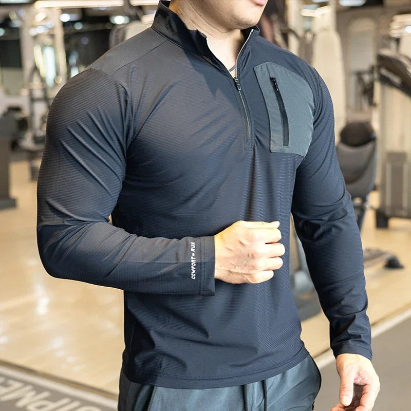 Men's Muscle Workout Sportswear Long Sleeve Running Clothing with Half Zip with Pockets Sports Gym Fitness Compression Shirt