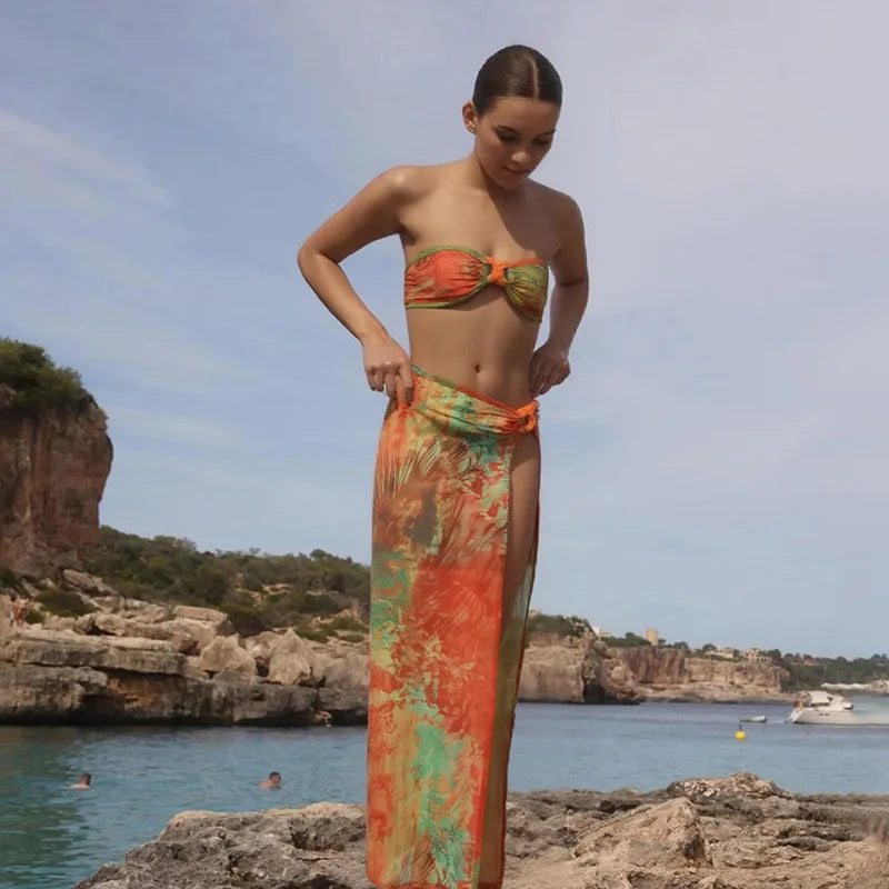 Women's Summer Beachwear Print 3 Piece Set Strapless Top Backless Split Skirt Bikini Dress Set