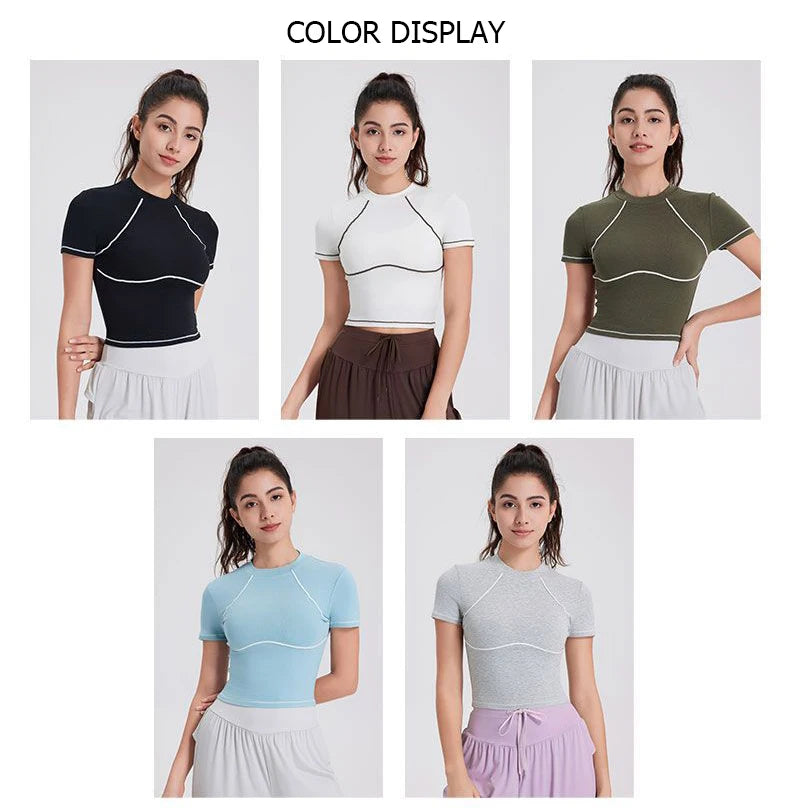 Women's Summer Short Sleeve Yoga Breathable Quick Dry Running Crop Top Slim Fit Gym Vest Sportswear Top