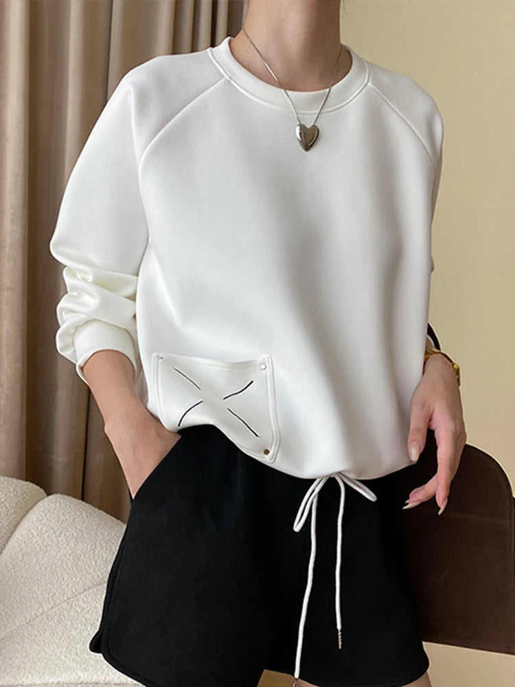 Women Solid Round Neck Long Sleeve Casual Loose Embroidered Design Pullover Sweatshirt