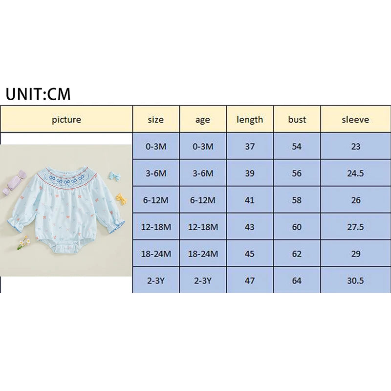 Baby Girls Casual Romper - Long Sleeve Embroidery Bow Print Jumpsuit