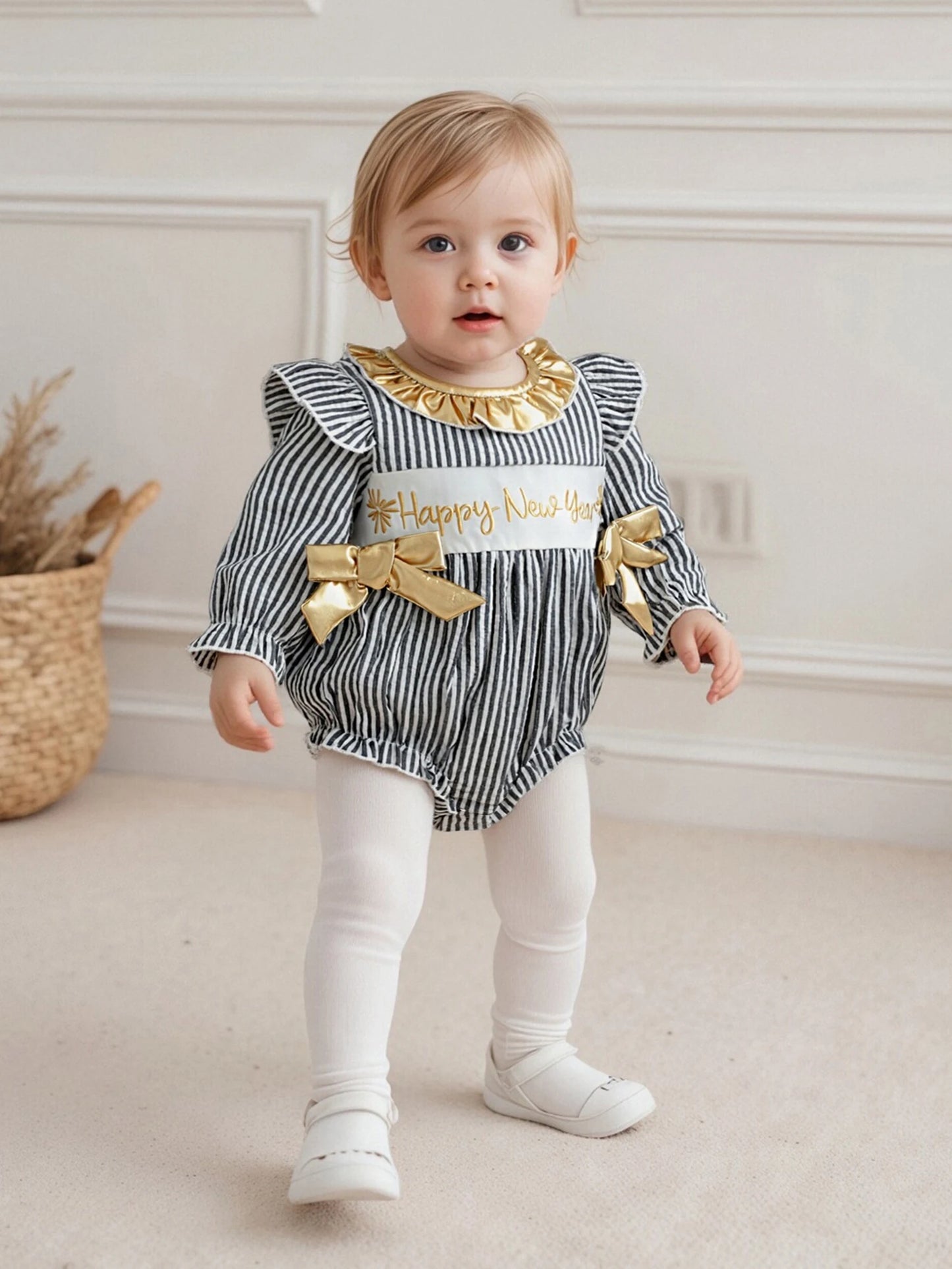 Baby Girls New Year Romper - Stripe Print Letter Embroidery Ruffled Jumpsuit