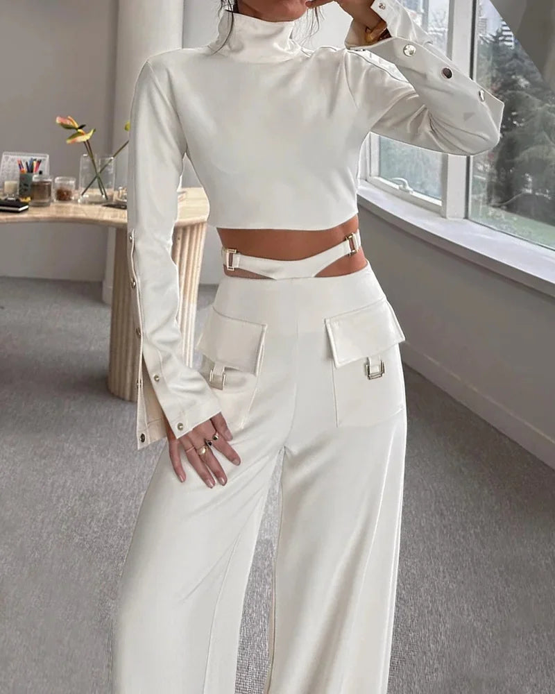 Women's Crossover Two Piece Set with High Collar Long sleeves  Wide Leg Pants Set