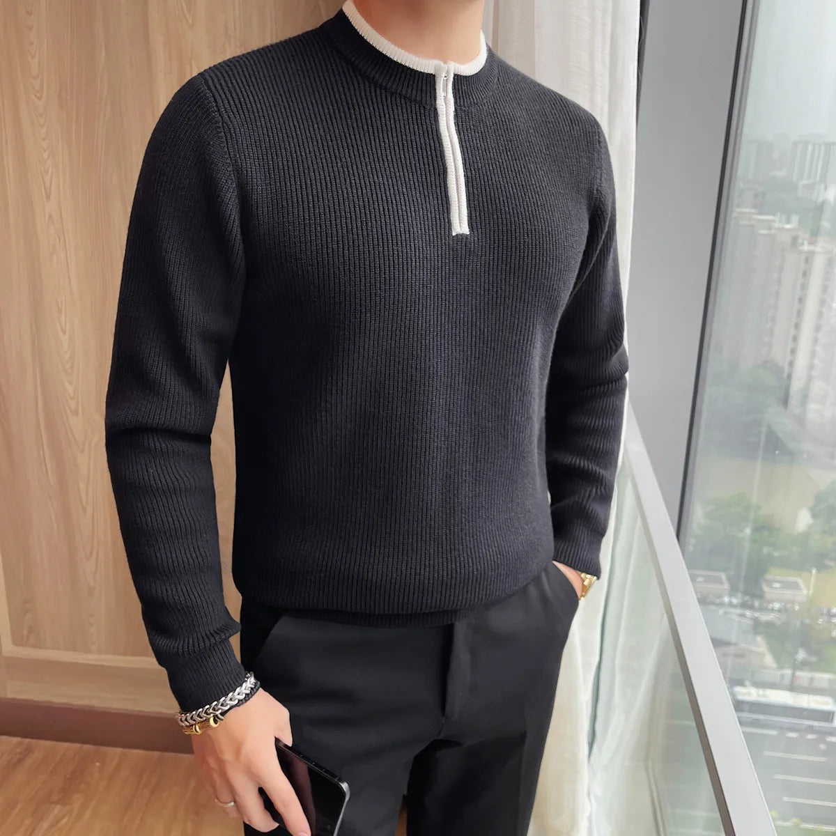 O-Neck Thick Slim Fit Half Zipper Knit Pullover