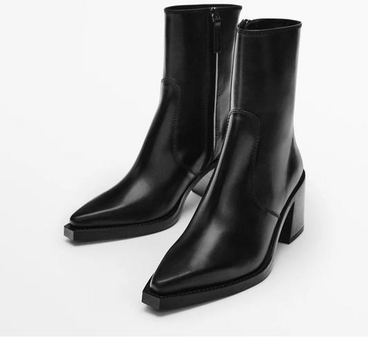 Women's High Heels Short Elegant Pointed Toe  Genuine Leather Side Zipper Boots