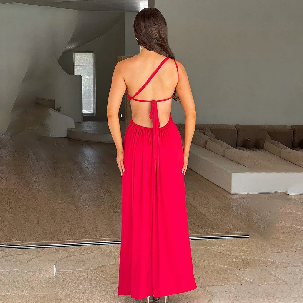 One Shoulder Split Maxi Dress - Women Backless Tie Detail Dress