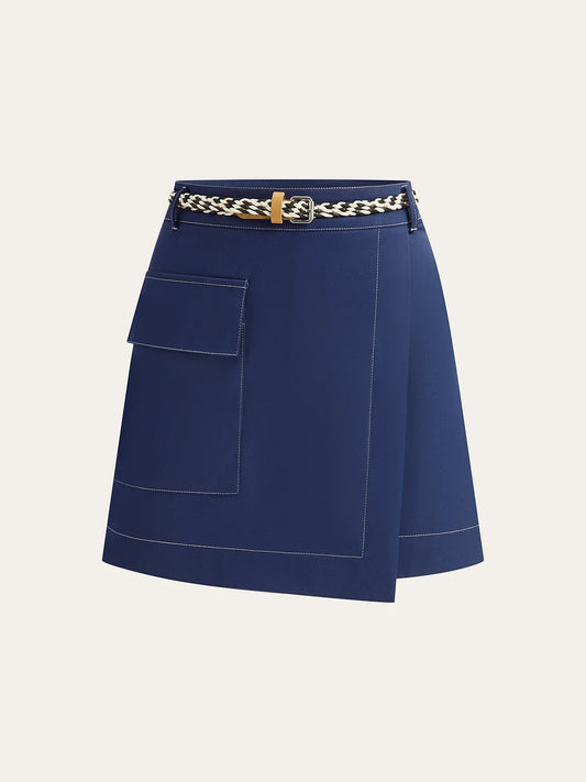 Women's Contrast-Stitch Asymmetric Skort - High Waist Mini Skirt with Belt