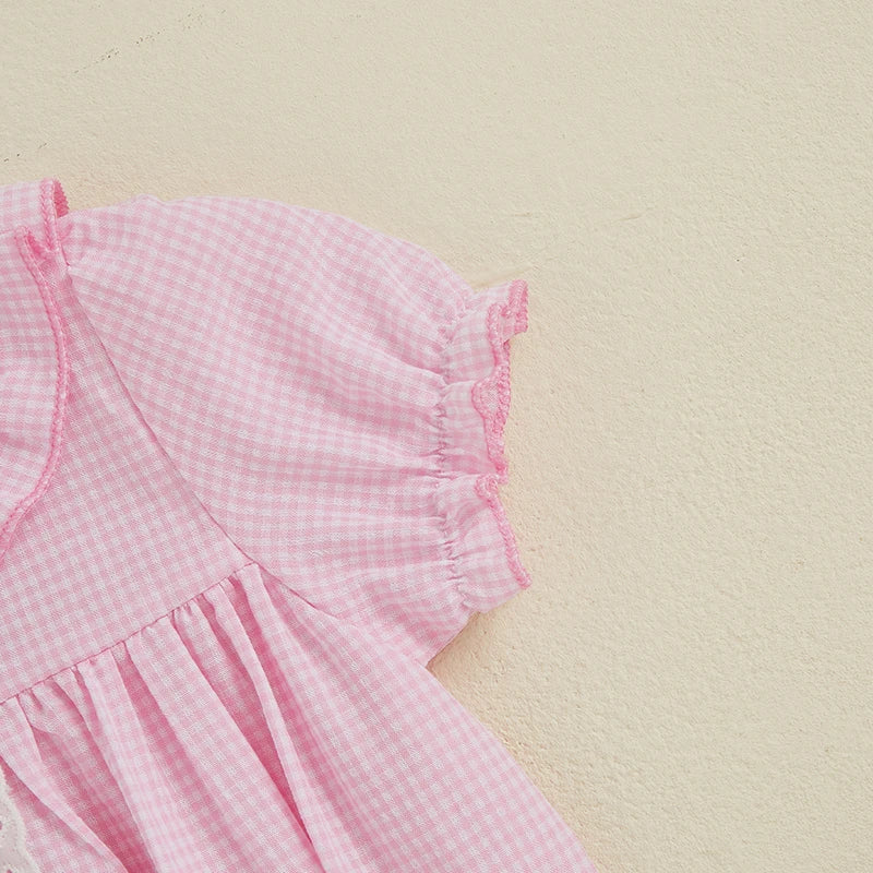 Baby Girls Birthday Romper with Cake Embroidery - Plaid Doll Collar Jumpsuit (0-24M)