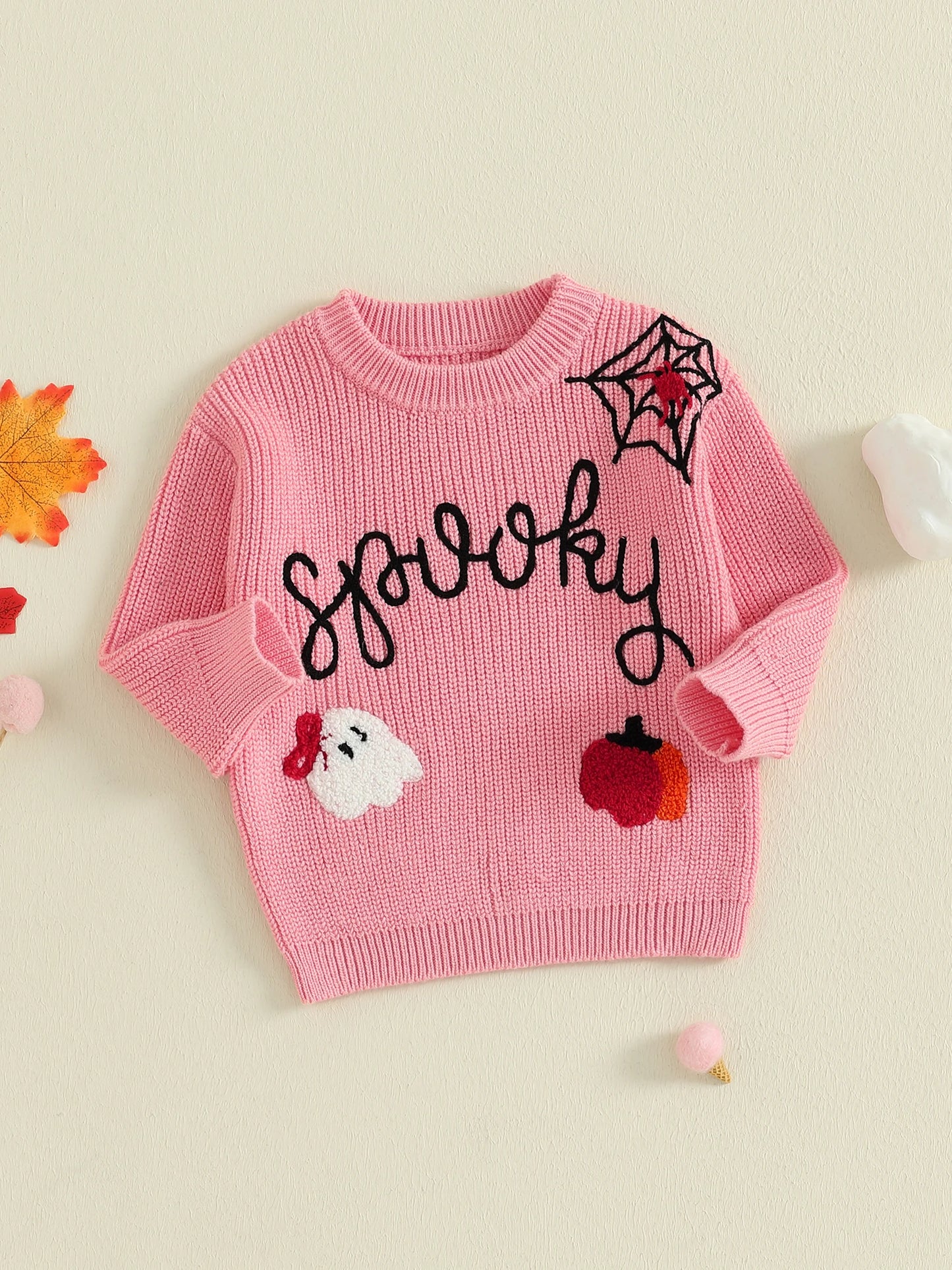 Baby Halloween Knit Sweater - Letter Ghost Pumpkin Spider Web Embroidery