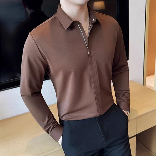 Men's Zipper Long Sleeve Smart Casual Slim Fit Turn Down Collar Shirt