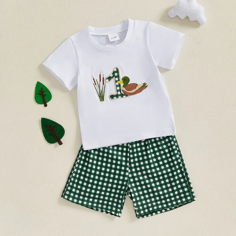 Baby Boys' Birthday Outfit Set - Cartoon Duck Letter Embroidery Short Sleeve Top & Plaid Shorts 2pcs