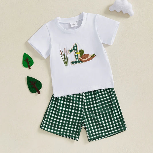 Baby Boys' Birthday Outfit Set - Cartoon Duck Letter Embroidery Short Sleeve Top & Plaid Shorts 2pcs