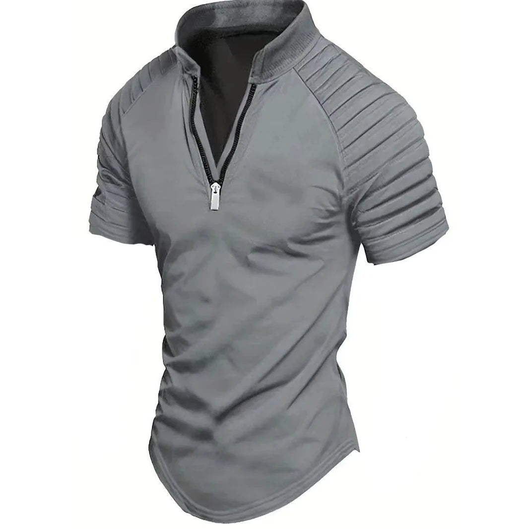 Men's Summer Stand Collar Short Sleeve Half Zipper Casual Polo Shirt