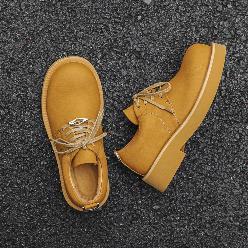 Men's Platform Leather Sneakers - Lace-Up Work Shoes