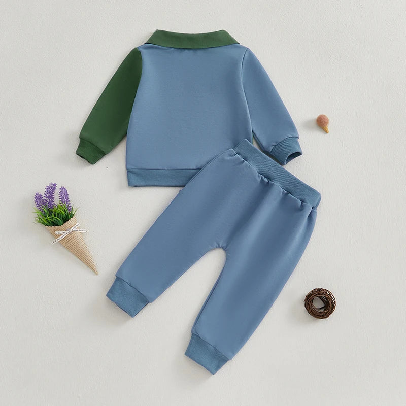 0-3Y Baby Boys 2Pcs Clothes Sets Outfit Long Sleeve Lapel Collared Colour Patchwork Sweatshirt and Pants