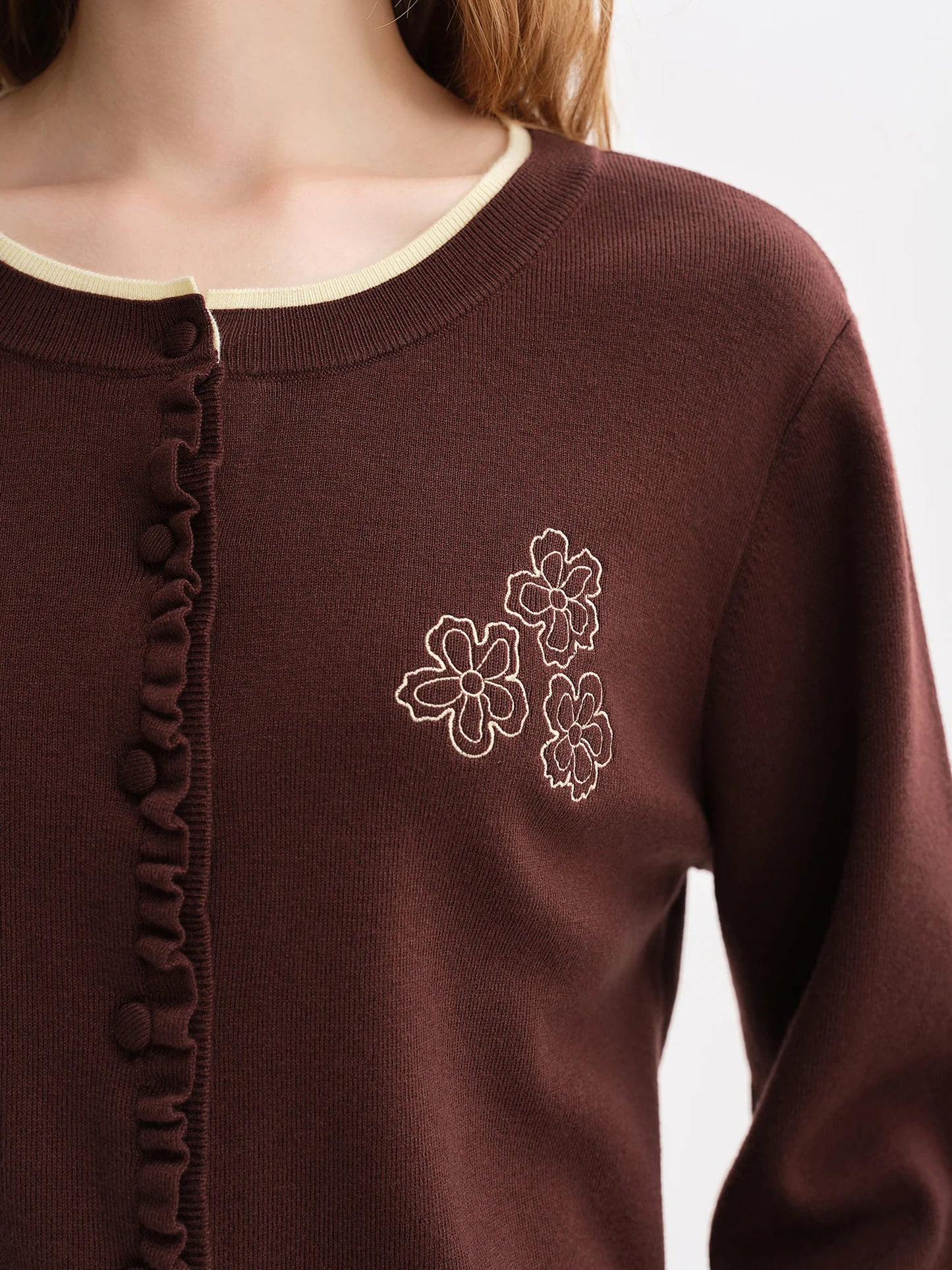 Floral Embroidered Knit Cardigan - Ruffle Trim Loose Fit Cardigan