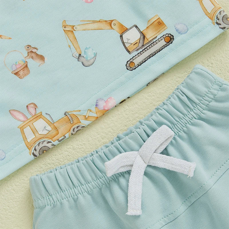 Boys' Excavator Print Summer Outfit Set - Short Sleeve Top with Elastic Waist Shorts