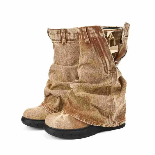 Washed Retro Denim Wedge Heel Mid-Calf Boots | Round Toe | Women's 35–43